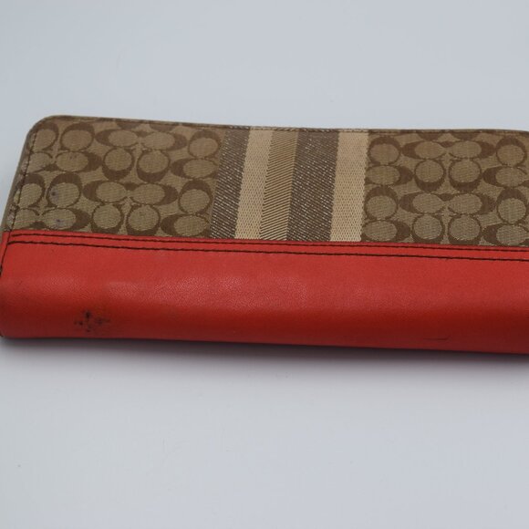 Coach Red Leather and Signature Brown Canvas Long Zip Around Wallet - Picture 5 of 7
